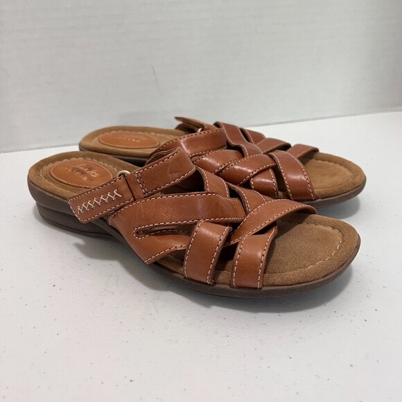 Clarks Reid Newport Women's Cognac Leather Strappy Slide Sandals Size 6 M - Picture 1 of 10
